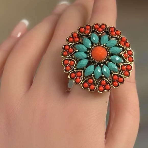 Heidi Daus Style Bohemian Chic Coral & Turquoise Statement Ring - Picture 1 of 15